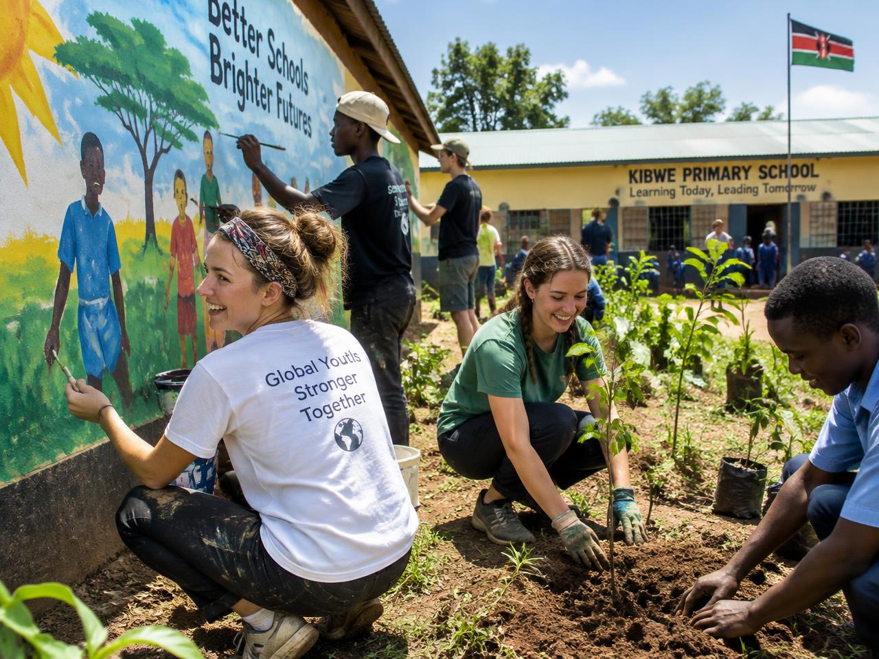 Volunteers painting a mural and planting trees at a school