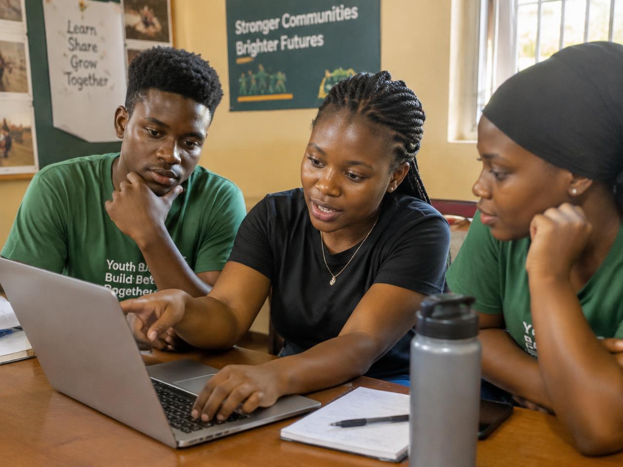 A mentor guiding two young volunteers
