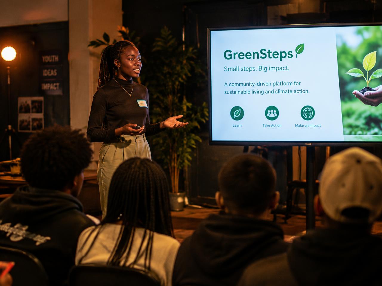A young woman presenting a project at a showcase